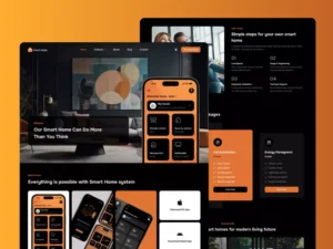 Smart home website and app interface showcasing features, packages, and download options for iOS and Android.