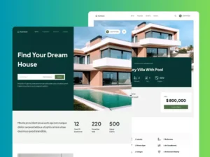 Real estate website design showcasing property listings and search functionality, featuring modern homes and key details.