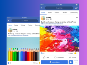 Two mobile screenshots showing a social media post from "Unblast" about WordPress color schemes, with vibrant images and e...